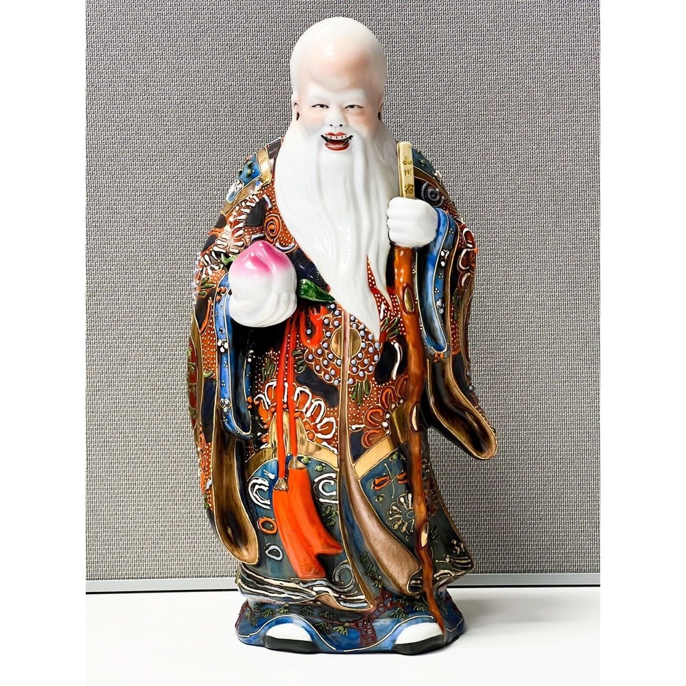 Vintage Shou Xing God of Longevity Chinese Porcelain Statue Intricately Detailed